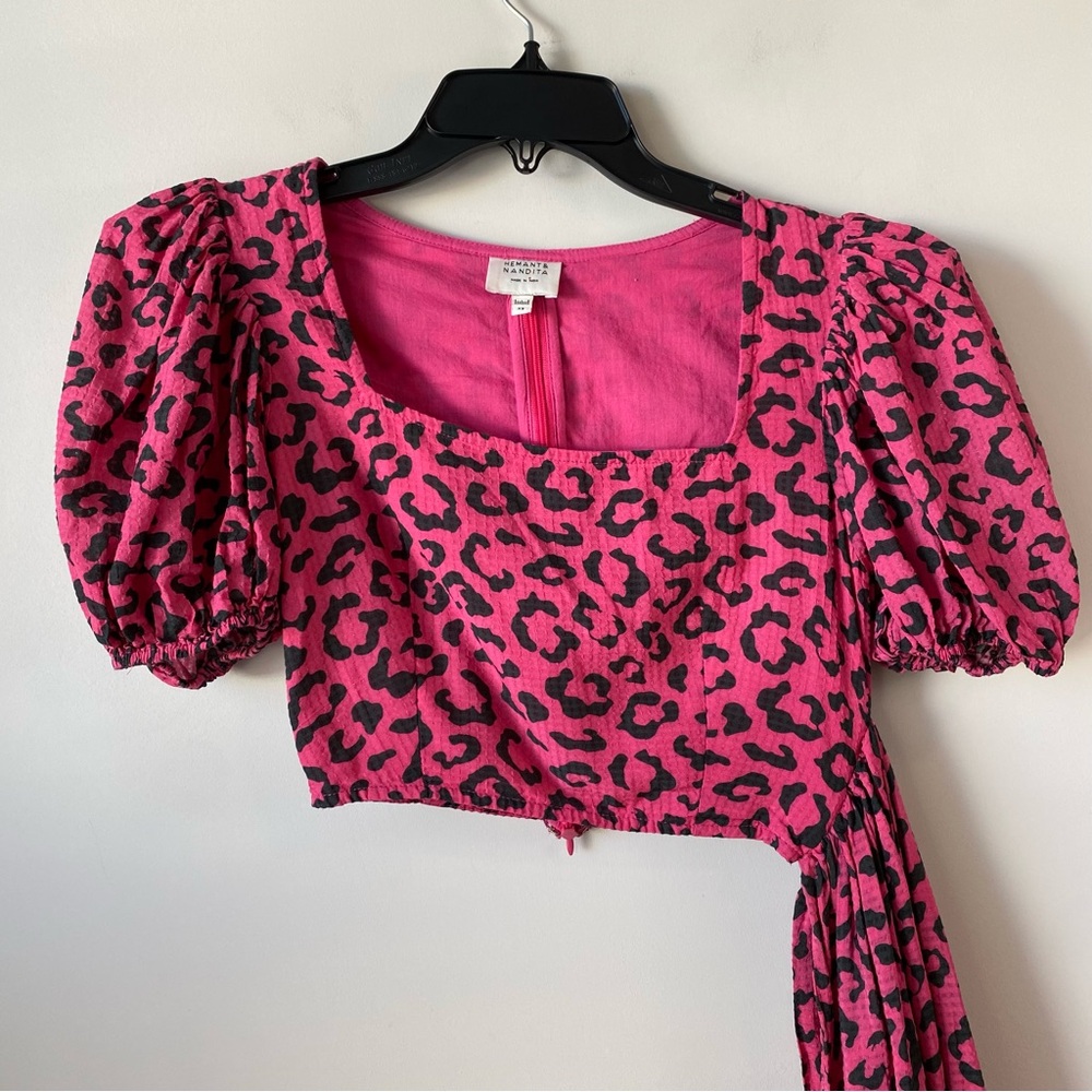Hemant &‎ Nandita Puff Sleeve Crop Top Side Sash Pink Leopard Print XS - Picture 3 of 9
